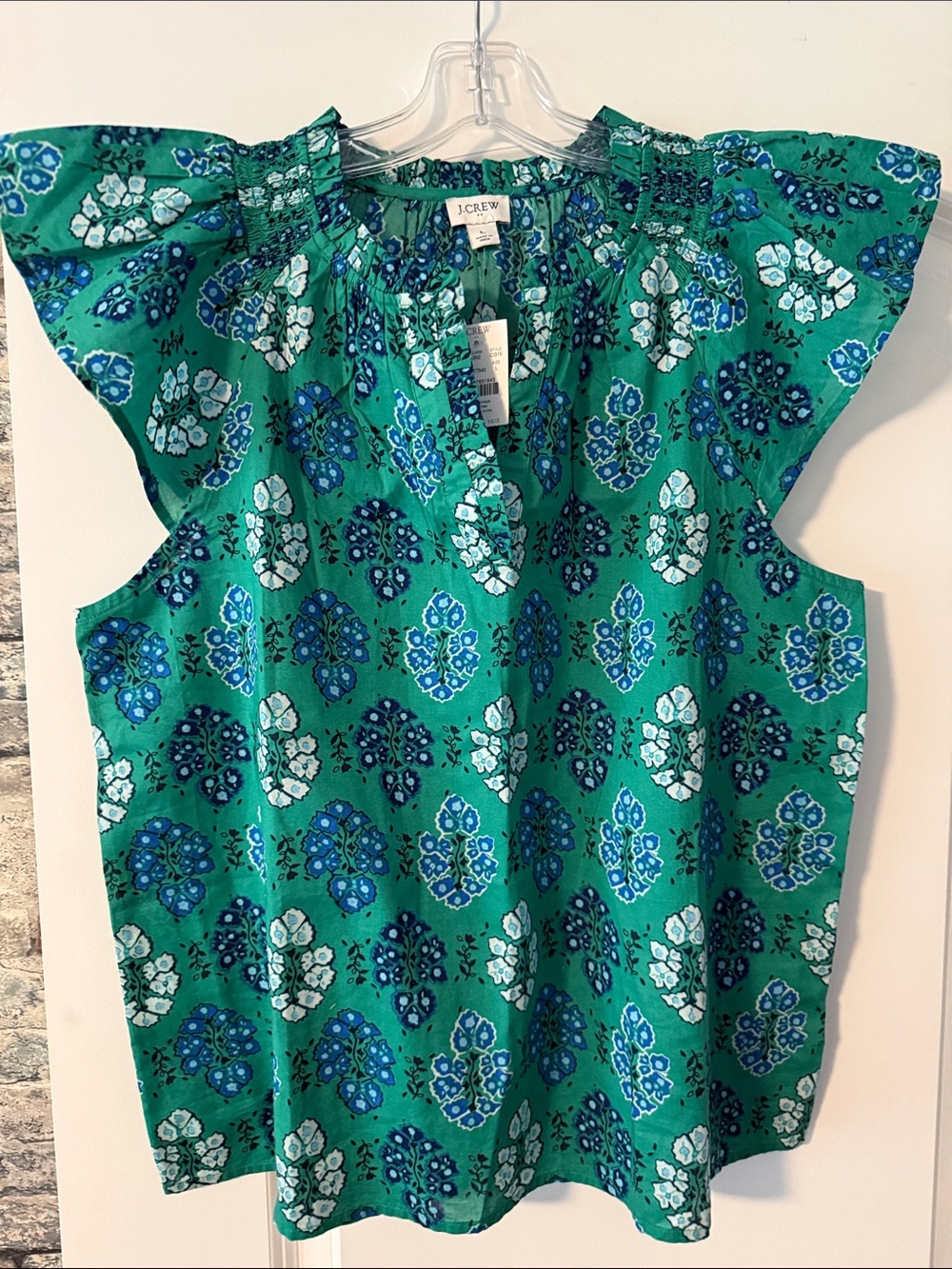 J. Crew Green Floral Flutter-Sleeve Top